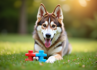Chien loup mix joyeux jouant avec un jouet interactif