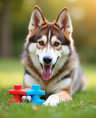 Chien loup mix joyeux jouant avec un jouet interactif