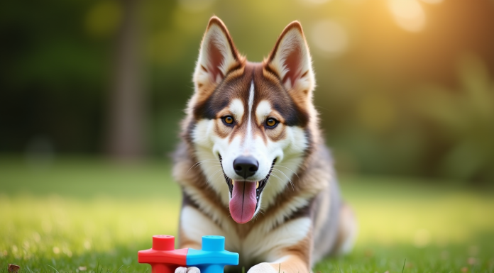 Chien loup mix joyeux jouant avec un jouet interactif