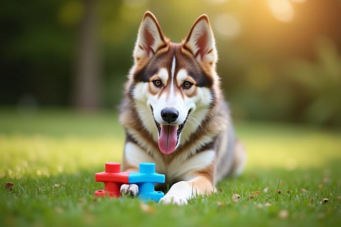 chien-loup-interactif-jouant Chien loup mix joyeux jouant avec un jouet interactif