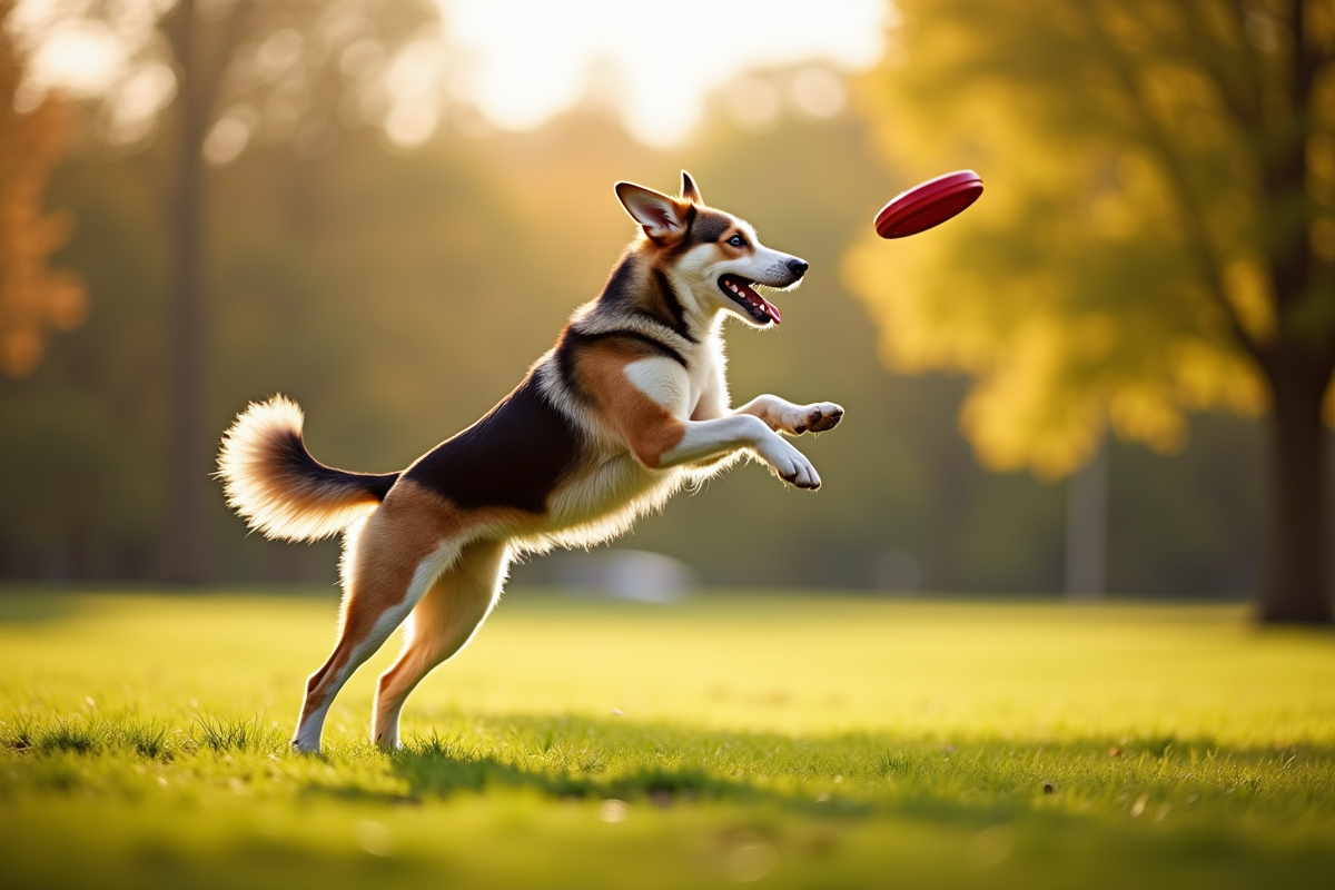 Chien loup sautant pour attraper un frisbee dans un parc