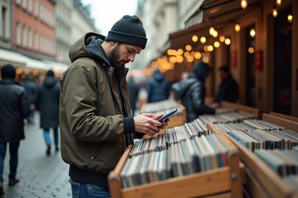 Homme utilisant une application mobile pour comparer les prix de vinyles lors d'une braderie