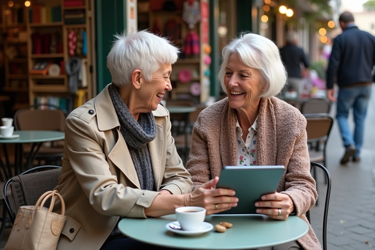 Deux femmes consultant un site de braderie sur tablette en terrasse de café près d'un marché aux puces