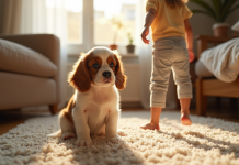 Petit chiot cavalier king charles sur tapis lumineux