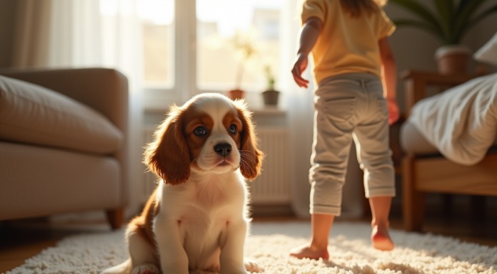 Petit chiot cavalier king charles sur tapis lumineux