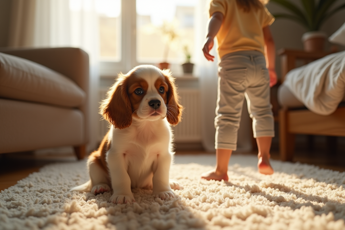 Petit chiot cavalier king charles sur tapis lumineux