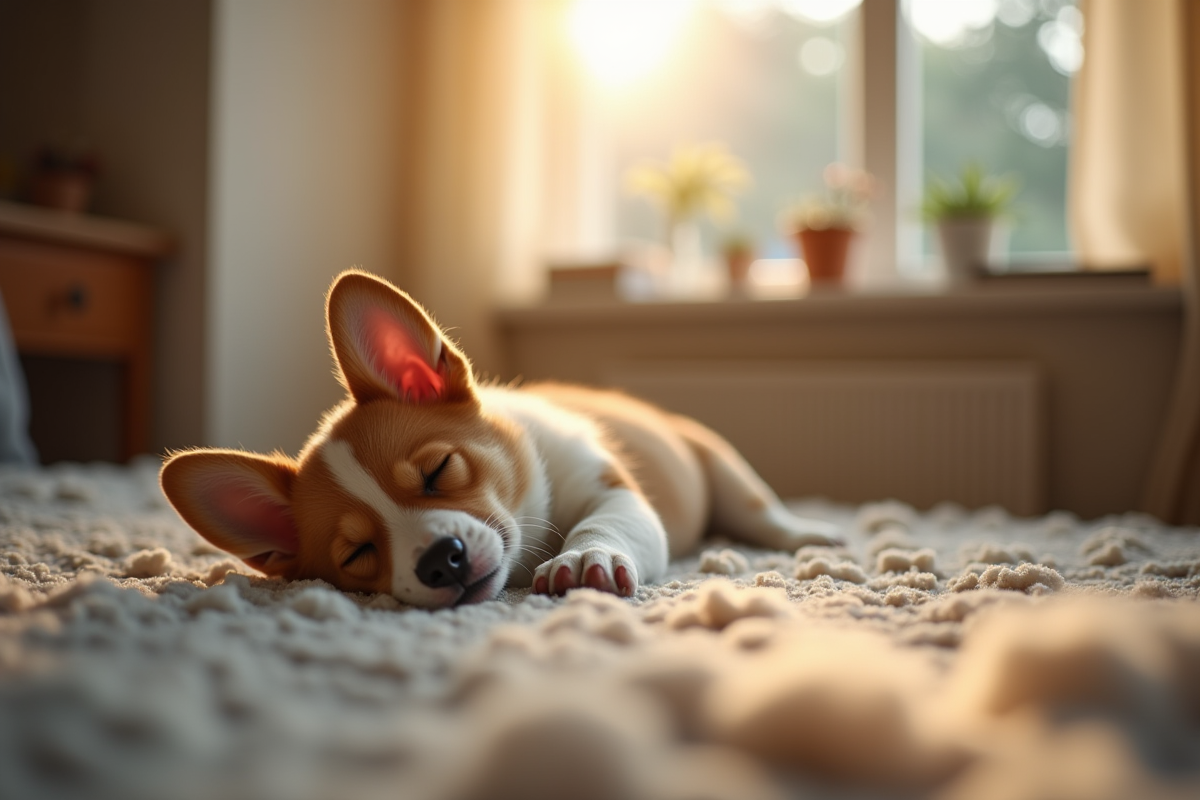 Chiot corgi dormant paisiblement dans un salon chaleureux