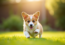 Chiot corgi courant dans un jardin ensoleille