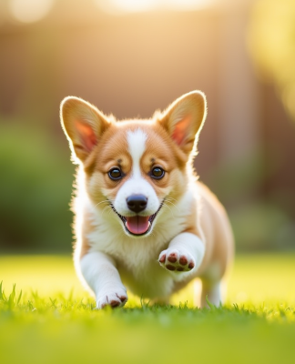 Chiot corgi courant dans un jardin ensoleille