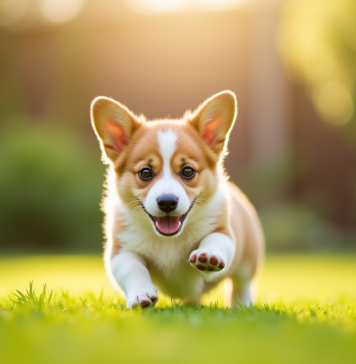 Chiot corgi courant dans un jardin ensoleille