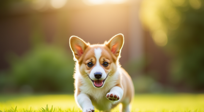 Chiot corgi courant dans un jardin ensoleille