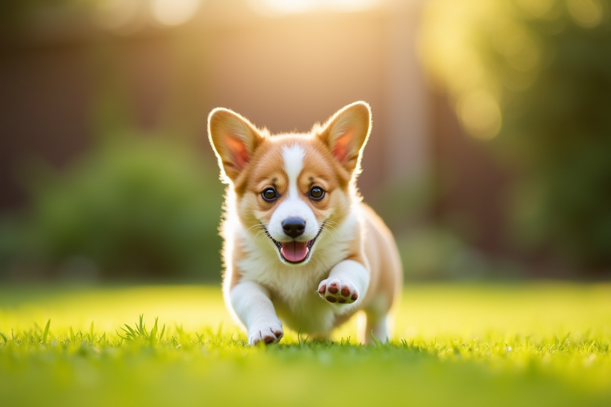 Chiot corgi courant dans un jardin ensoleille