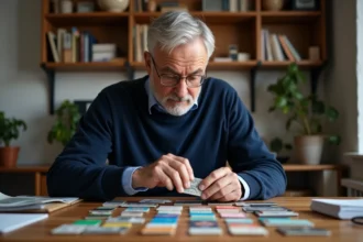 Collectionneur de cartes téléphoniques examinant sa collection pour la vendre au meilleur prix