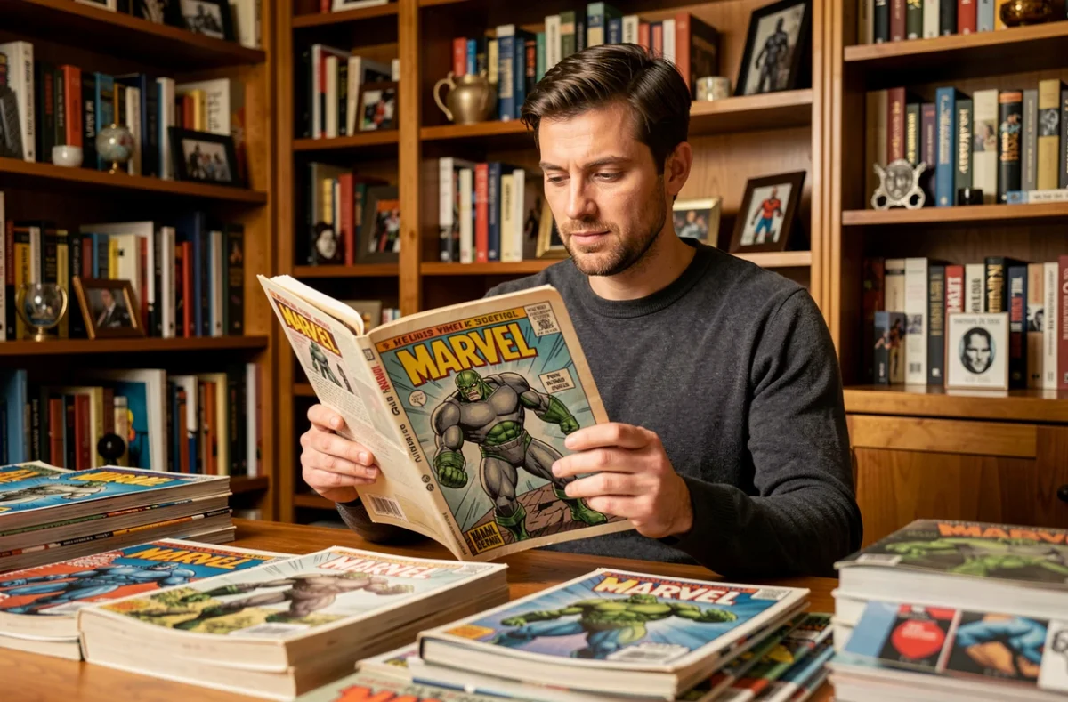 Collectionneur de comics Marvel tenant un exemplaire vintage mettant en scène un super-vilain iconique, dans une bibliothèque personnelle remplie de bandes dessinées