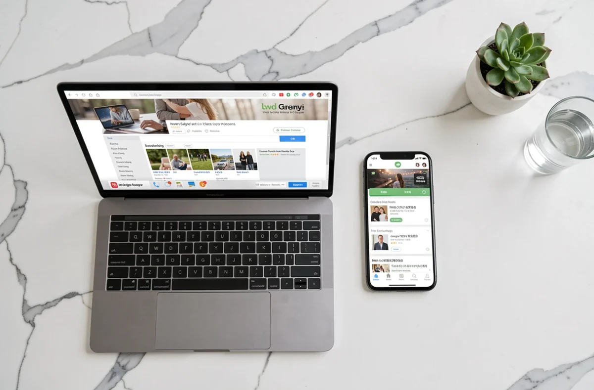 Comparaison entre connexion Eliterencontre sur ordinateur portable et smartphone posés sur un bureau