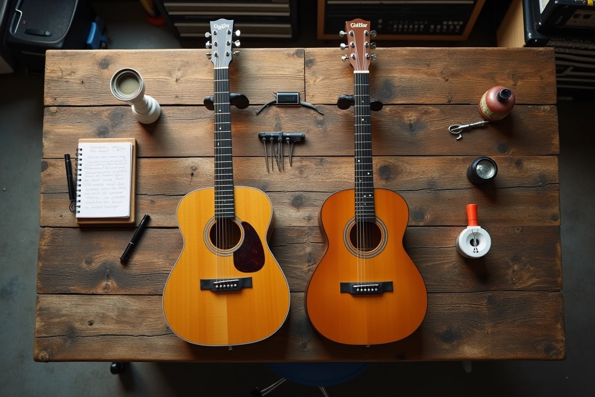 Comparaison côte à côte d'une guitare classique nylon et d'une guitare acoustique steel pour guider l'achat