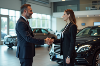 Manager de concessionnaire remettant les clés à une cliente dans un showroom moderne
