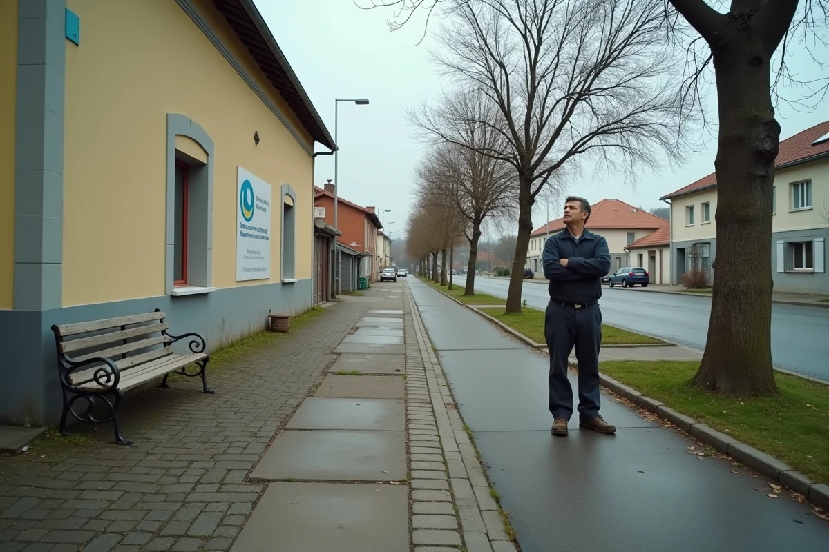 Vue d'ensemble d'un quartier périurbain français montrant le contraste entre infrastructures rénovées et dégradées, illustrant l'écart entre la note officielle d'une ville et le ressenti quotidien de ses habitants