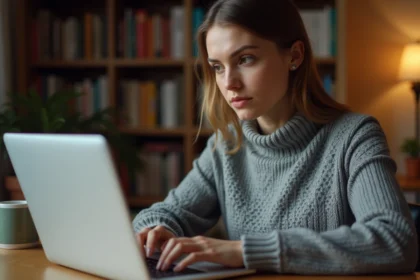 Femme utilisant un correcteur grammatical en ligne sur son ordinateur portable avec des corrections visibles à l'écran