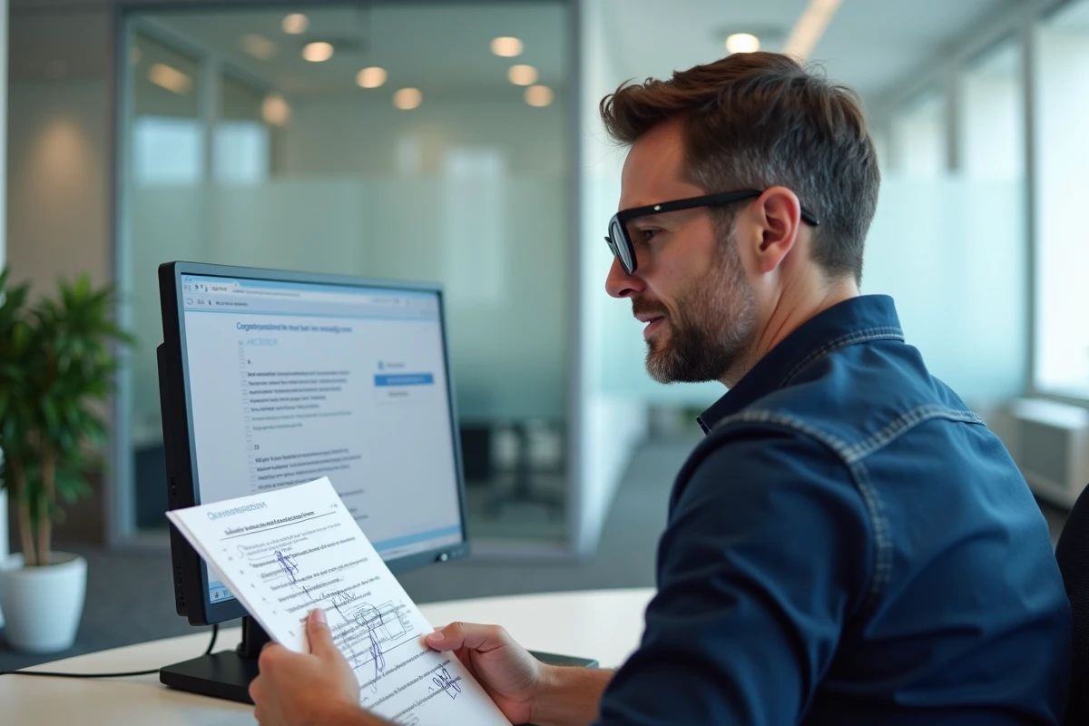 Homme en bureau corrigeant un document en français avec un outil de correction grammaticale et conjugaison sur écran