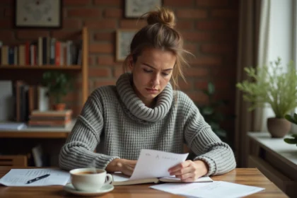 Femme corrigeant une faute d'orthographe sur une feuille manuscrite dans un bureau à domicile entouré de livres de grammaire française