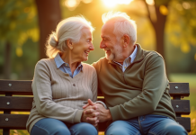 Couple âgé assis sur un banc dans un parc ensoleille