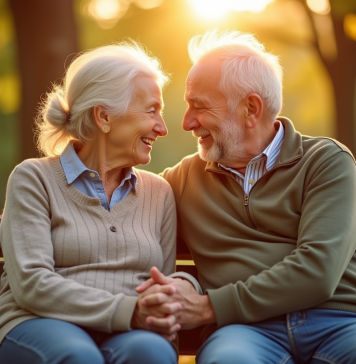 Couple âgé assis sur un banc dans un parc ensoleille