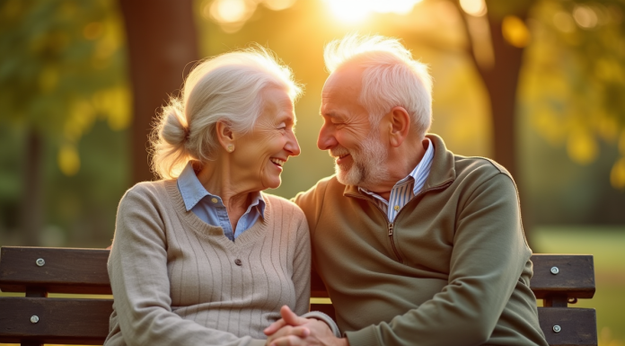 Couple âgé assis sur un banc dans un parc ensoleille