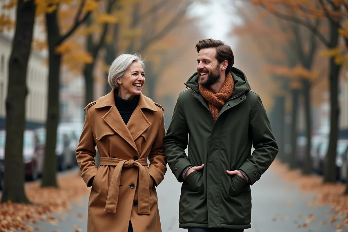 Couple mature et jeune homme se promenant ensemble en automne en ville, représentant une relation cougar épanouie et sérieuse