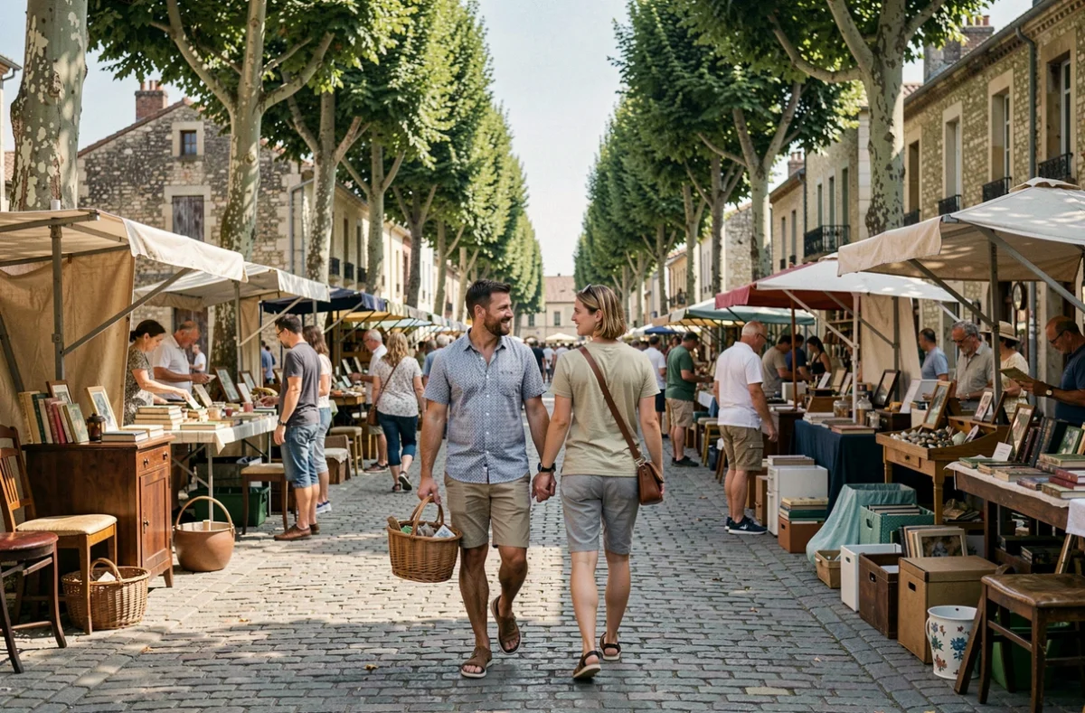 Couple se promenant dans un marché de vide-grenier animé en Lot-et-Garonne avec un panier en osier