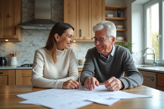 Couple souriant dans une cuisine rénovée avec plans et factures
