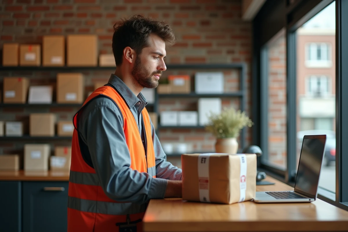 Livreur plaçant un colis dans un point relais intérieur