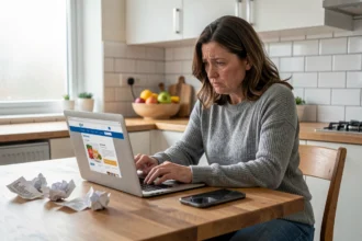 Femme faisant ses courses en ligne en urgence sur un site de livraison de supermarché depuis sa cuisine