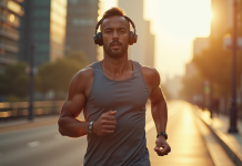 Courseur sportif portant ecouteurs sans fil en ville