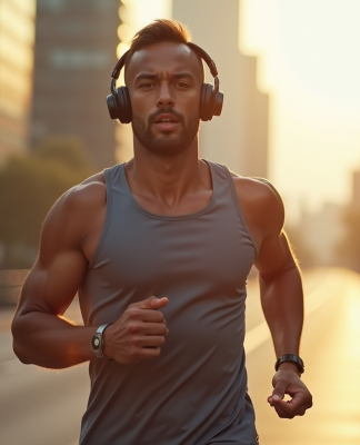 Courseur sportif portant ecouteurs sans fil en ville