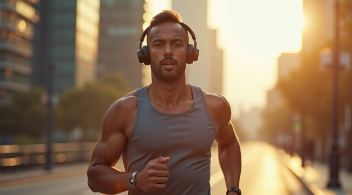 Courseur sportif portant ecouteurs sans fil en ville