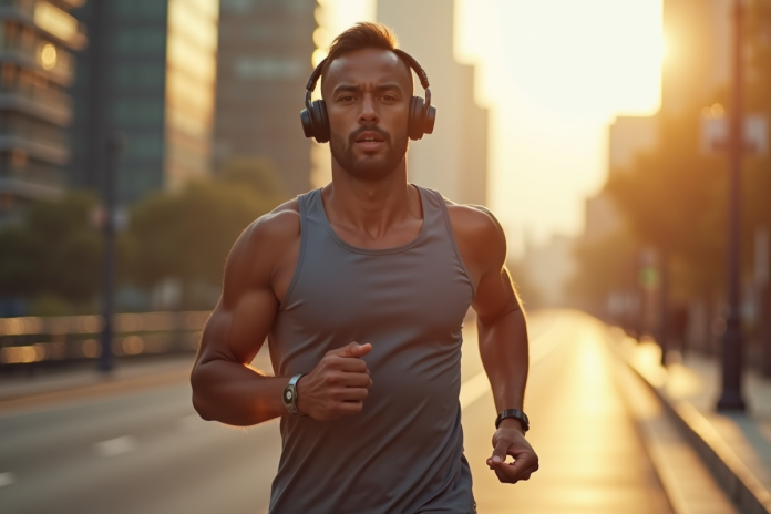 Courseur sportif portant ecouteurs sans fil en ville