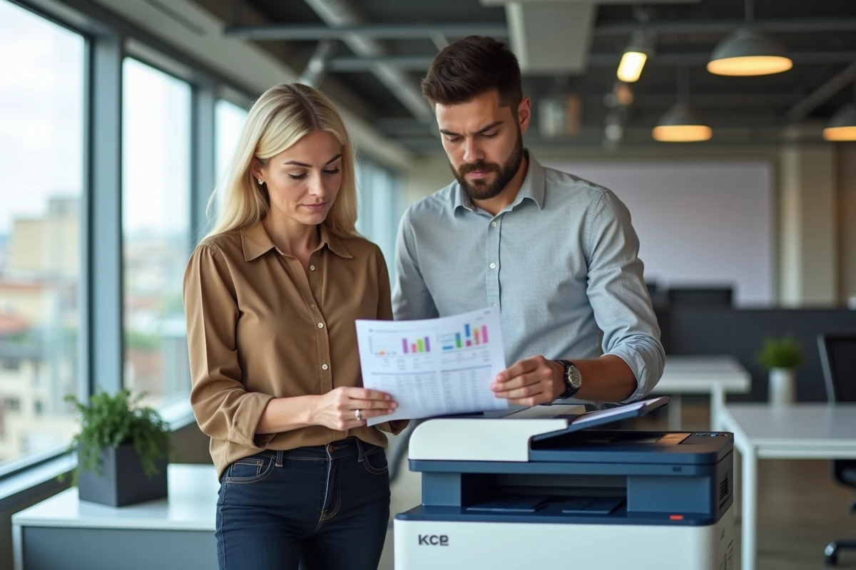 Deux collègues analysant le coût des cartouches d'imprimante dans un bureau espagnol moderne
