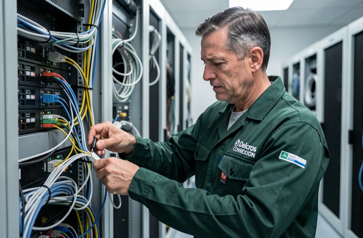 Technicien de Delcros Connexion raccordant des câbles dans une salle serveur moderne