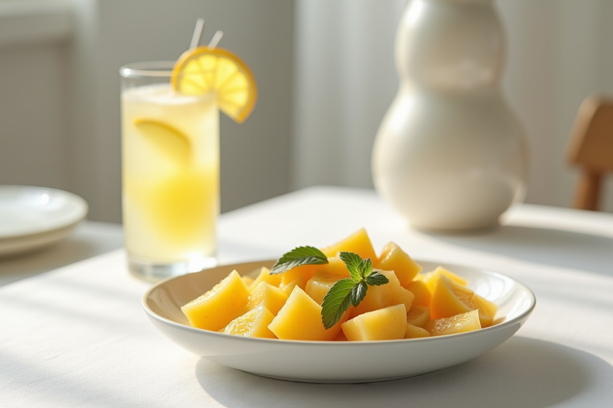 Salade de jicama et limonade sur une table élégante