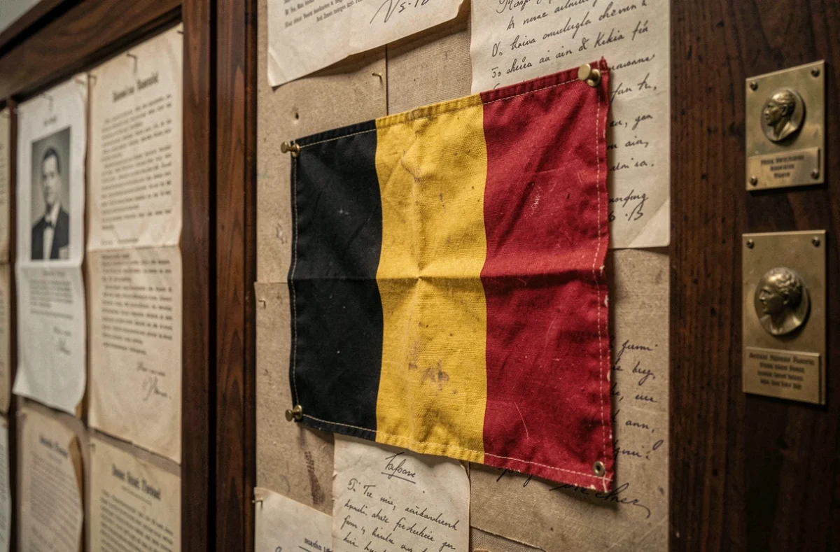 Détail d'un drapeau belge exposé dans un musée avec documents historiques sur la Belgique