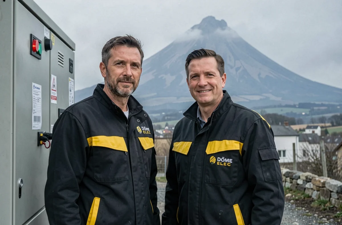Électricien de Dôme Elec devant un panneau de contrôle avec le Puy de Dôme en arrière-plan