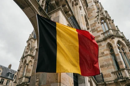 Drapeau belge noir jaune rouge flottant sur un bâtiment historique à Bruxelles