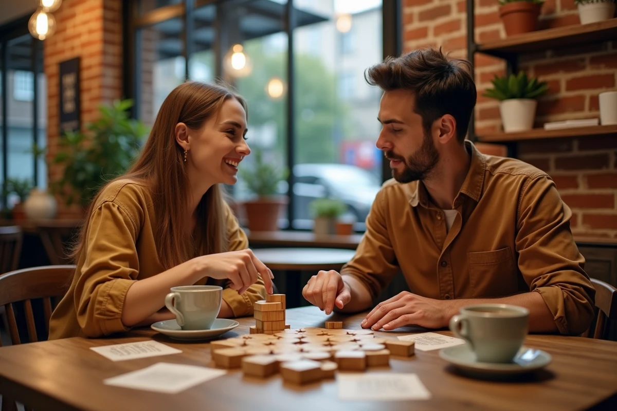 Deux personnes discutant d'énigmes logiques difficiles autour d'une table de café avec des puzzles en bois