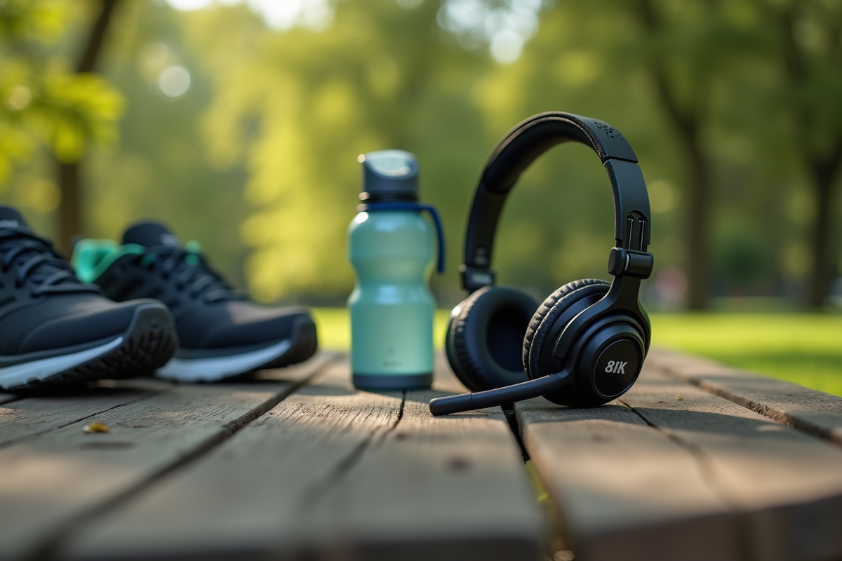 Ecouteurs de sport posés sur un banc dans un parc