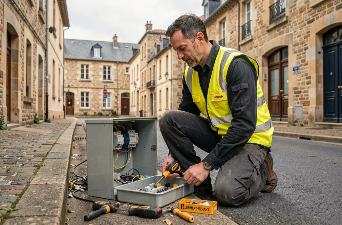 Électricien d'Électricité Clermont-Ferrand travaillant sur un boîtier de jonction en rue résidentielle