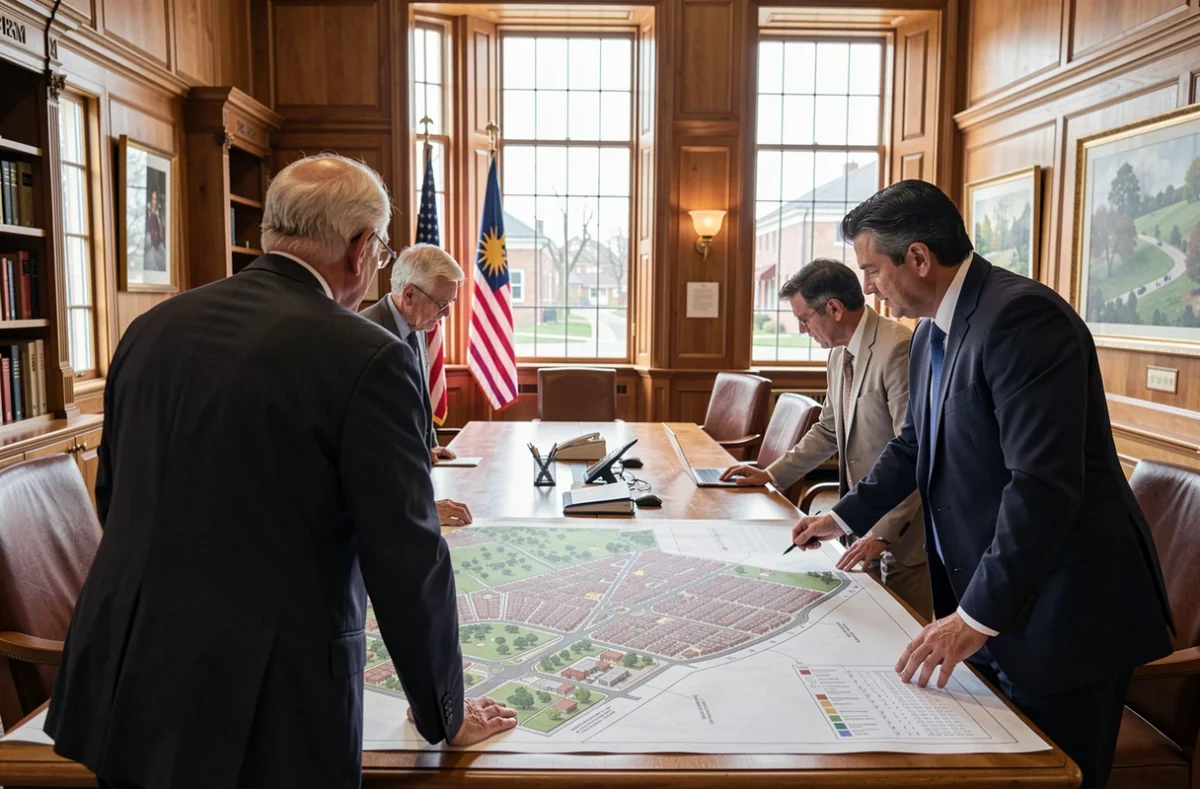 Élus et techniciens étudiant un plan d'urbanisme sur une table en mairie
