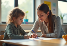 Enseignante attentive aidant un élève en classe