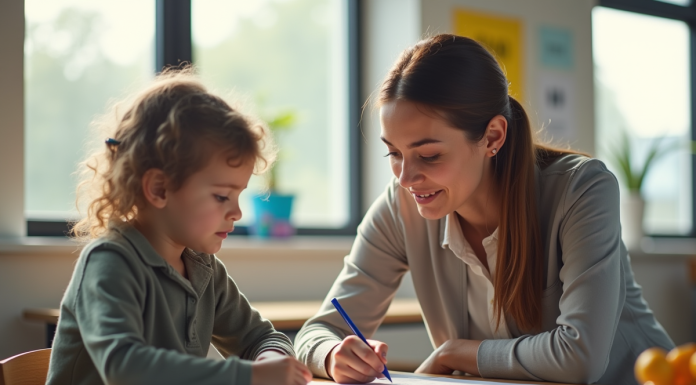 Enseignante attentive aidant un élève en classe