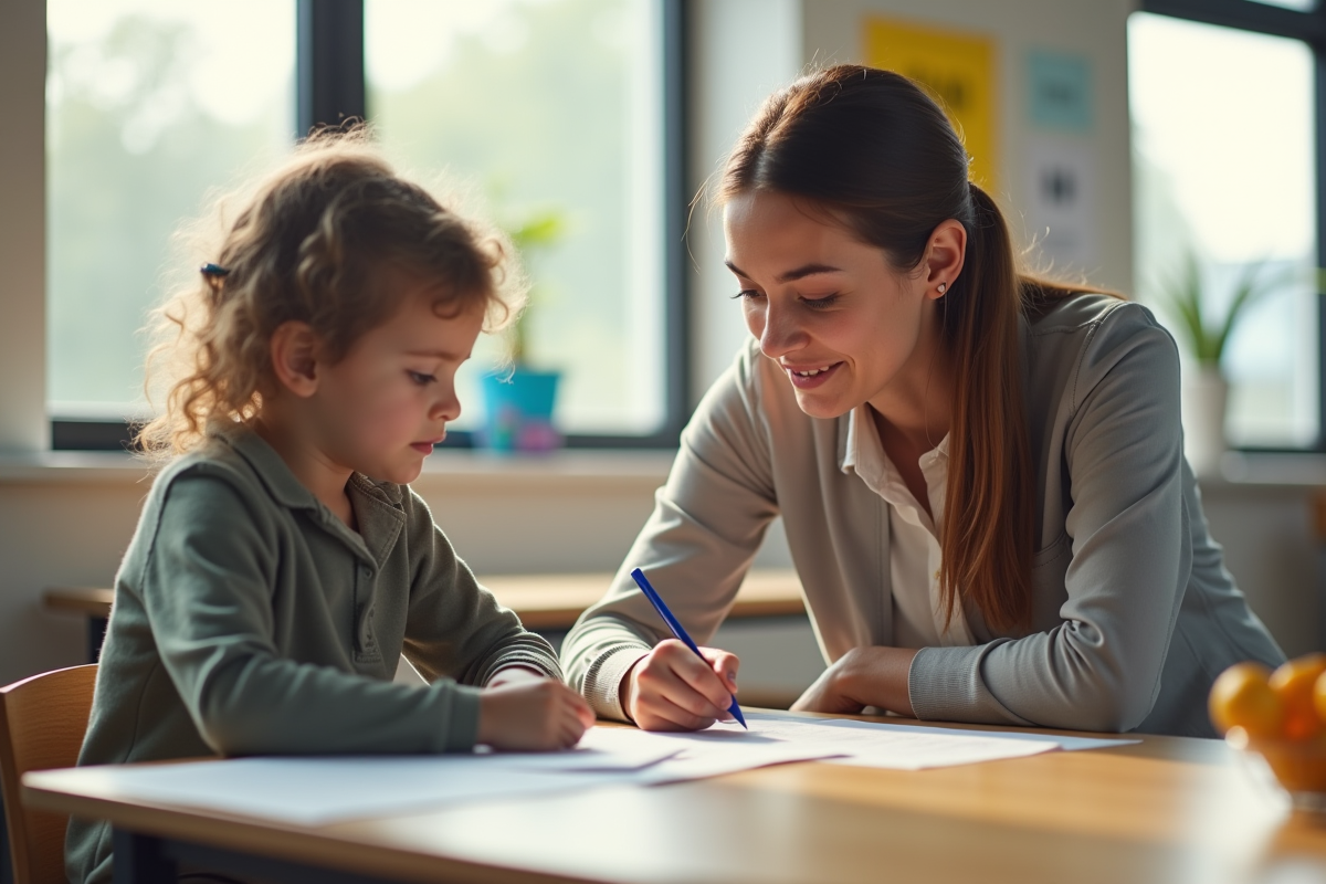 Enseignante attentive aidant un élève en classe